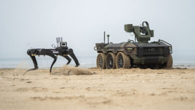 Hyundai Rotem’s HR-Sherpa unmanned ground vehicle and a quadruped robotic system during field operations testing. Photo: Hyundai Rotem