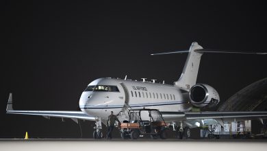 A U.S. Air Force E-11A Battlefield Airborne Communications Node aircraft assigned to the 430th Expeditionary Electronic Combat Squadron sits parked after participating in an Intelligence, Surveillance and Reconnaissance (ISR) integration exercise at Al Dhafra Air Base, United Arab Emirates, March 24, 2021. Globally integrated ISR capabilities ensure U.S. and partner forces carry out mission requirements with great situational awareness of the battlespace. (U.S. Air Force photo by Senior Airman Bryan Guthrie)