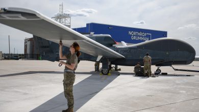 Airmen assigned to the 319th Aircraft Maintenance Squadron from Grand Forks Air Force Base, North Dakota, perform a maintenance check June 6, 2022, on an RQ-4 Block 30 Global Hawk remotely piloted aircraft at Grand Sky on Grand Forks Air Force Base. The RQ-4 Block 30s will be used at the Test Resource Management Center’s High Speed System Test Department. Located on Grand Forks Air Force Base, Grand Sky is a business and aviation park focused on developing and growing the unmanned aerial systems industry. (U.S. Air Force photo by Senior Airman Ashley Richards)