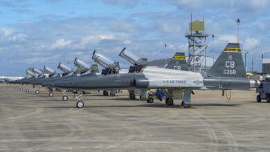 Six U.S. Air Force T-38 Talon aircraft are parked on the flightline during exercise Sentry South 26-2, Gulfport, Mississippi, Feb. 25, 2026. Sentry South 26-2 is a large force employment exercise focused on major combat operations and joint maritime opportunities in a contested or degraded operational environment. Sentry South 26-2 applies joint and combined warfighting doctrine against realistic and robust enemy integrated threat systems, all while under safe and controlled conditions. (U.S. Air National Guard photo by Staff Sgt. Dylan McCrink)