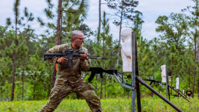 A U.S. Army Ranger Course student from Class 06-26 attacks an upright enemy target on the new Bayonet Assault Course during the Ranger Assessment Phase (RAP) April 21, 2026, at Fort Benning, Georgia. The quarter-mile course is a recent addition to the Malvesti Obstacle Course and was designed to rapidly instill grit and violence of action, preparing Rangers to close with and destroy the enemy in contested environments where modern technology may fail. (U.S. Army photo by Joey Rhodes II)