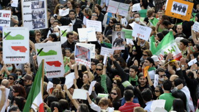 Hundreds of people demonstrate for a political change in Iran on June 16, 2009 in Frankfurt/Main, western Germany. Iran's bloody crackdown on post-election protesters raised an international outcry on June 16 over human rights abuses and demands that Tehran answer "serious questions" about the disputed poll.