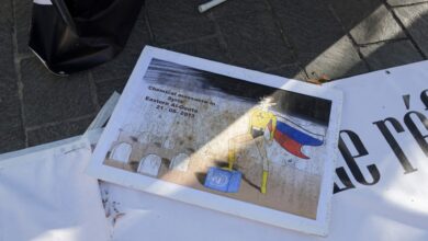 Protestors demonstrate in memory of the Ghouta chemical attack in Paris, France, on August 21, 2020. The Ghouta chemical attack occurred in the Ghouta in Syria during the Syrian revolution on the August 21, 2013.