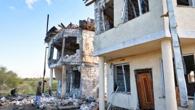 Houses are damaged by a nighttime drone strike in the Odesa district, Odesa region, Ukraine, on May 3, 2026.