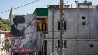 A poster of the Amal Movement depicting leader Nabih Berri is displayed in the town of Harouf in the Nabatieh district of southern Lebanon on May 14, 2026.