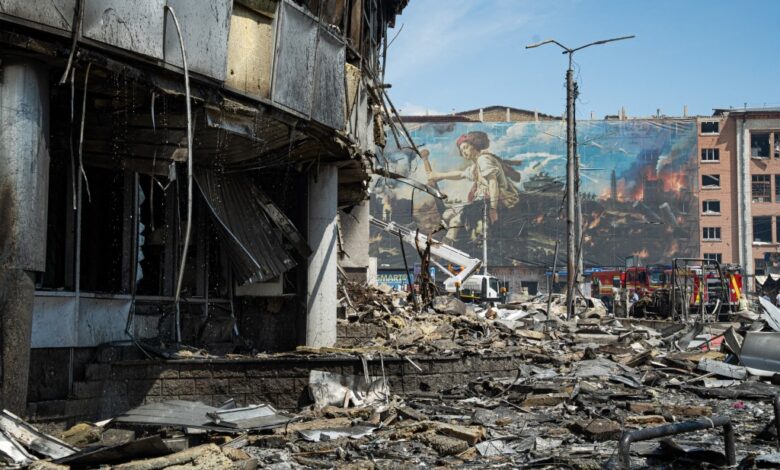 A view shows a heavily damaged shopping center in Kyiv, Ukraine, on May 24, 2026, after Russian strikes.