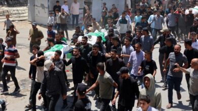 Mourners gather prior to the burial of Hamas leader Mohammed Odeh and other Palestinians during their funeral in Gaza City on May 27, 2026.