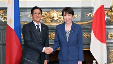 Philippine President Philippine President Bongbong Marcos (L) shakes hands with Japanese Prime Minister Sanae Takaichi during a meeting at the State Guest House in Tokyo on May 28, 2026.