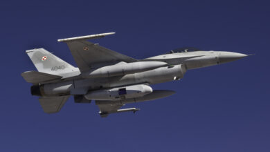 A Polish Air Force F-16 equipped with a reconnaissance pod