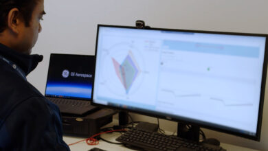 GE Aerospace researcher reviewing data from a generative AI application used to design and assess hypersonic ramjet engine concepts on a computer workstation. Photo: GE Aerospace