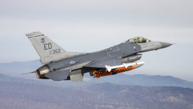 A U.S. Air Force F-16 Fighting Falcon carries a developmental test version of Norway’s Joint Strike Missile to its release point above the Utah Test and Training Range west of Salt Lake City.