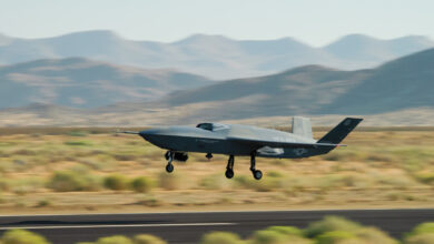 A YFQ-42A Collaborative Combat Aircraft takes off during flight testing at a California test location. The aircraft was developed in partnership with General Atomics as part of the Air Force’s effort to accelerate delivery of affordable, semi-autonomous aircraft.