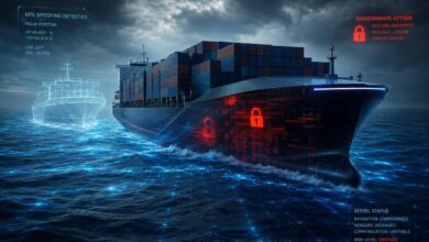 Illustration depicting a container ship under a simulated cyber attack, highlighting threats such as ransomware and GPS spoofing that cybersecurity firm Resecurity says are increasingly targeting the global maritime sector