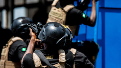Nigerian Navy Special Boat Service soldiers conduct close quarters room clearing at Flintlock in Volta, Ghana, March 3, 2023. Flintlock is U.S. Africa Command’s premier and largest annual special operations exercise that strengthens key partner nations throughout Africa, in partnership with other international special operations forces. (U.S. Army photo by Spc. Mario Hernandez Lopez)