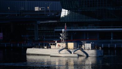 The unmanned surface vessel Seahawk sits pierside outside of The International Convention Centre Sydney during Integrated Battle Problem (IBP) 23.2, Nov 8, 2023. IBP 23.2 is a Pacific Fleet exercise to test, develop and evaluate the integration of unmanned platforms into fleet operations to create warfighting advantages. (U.S. Navy photo by Mass Communication Specialist 2nd Class Jesse Monford)
