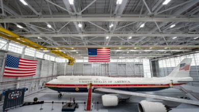 VC-25B Bridge aircraft arrives at Joint Base Andrews, Md., begins commissioning flights. (U.S. Air Force courtesy photo)