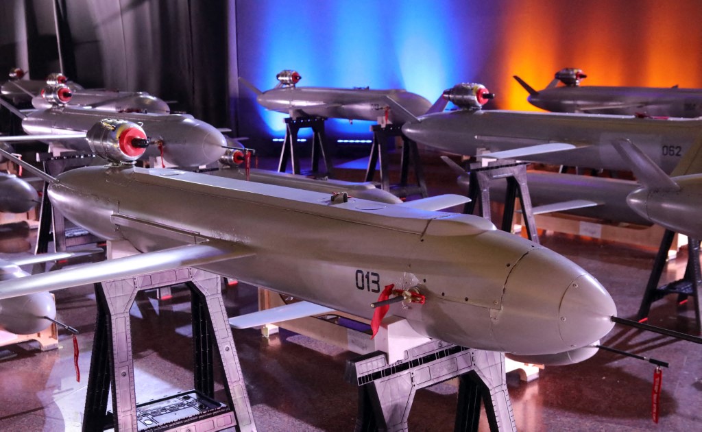 Long-range Peklo (Hell) missile drones are displayed in Kyiv, Ukraine, on Dec. 6, 2024, during the handover of the first batch to the Ukrainian military. Ukraine has increasingly relied on long-range drone strikes against targets in Russia and occupied Crimea.