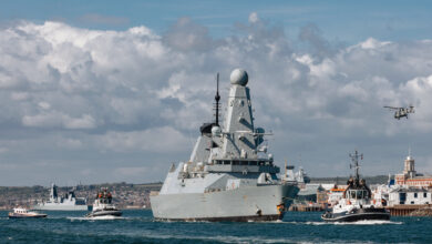 Pictured: HMS Dauntless as she departs Portsmouth supporting Op HIGHMAST. The UK’s premier naval deployment of 2025 sailed today, led by the nation’s flagship, the aircraft carrier HMS Prince of Wales. HMS Prince of Wales left Portsmouth as she prepares to lead an international task force to the Indo-Pacific on an eight-month mission to demonstrate UK and allied collective resolve and determination to maintain security and freedom from the Atlantic to the Pacific. Between now and December, the Carrier Strike Group will conduct a series of exercises and operations with air, sea and land forces of a dozen allies in the Mediterranean, Middle East, South-east Asia, Japan and Australia. OP HIGHMAST is a multinational deployment to the Indo-Pacific, led by the Royal Navy Flagship HMS Prince of Wales, reaffirming the UK’s commitment to the security of the Mediterranean and Indo-Pacific, while providing an opportunity to promote British trade and industry.