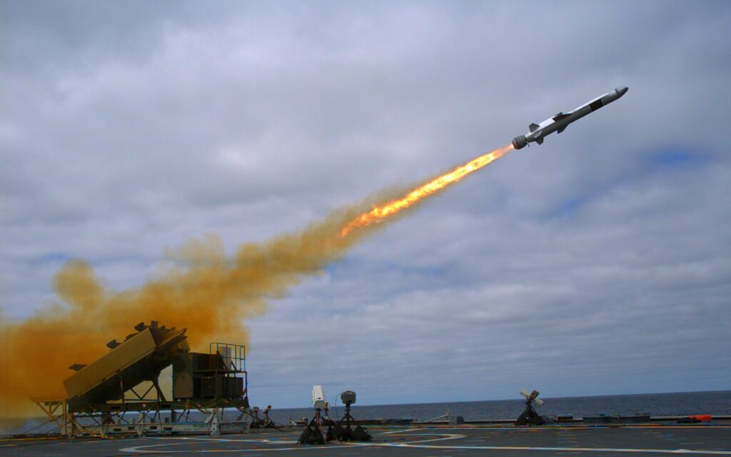 A Kongsberg Naval Strike Missile (NSM) is launched from the U.S. Navy littoral combat ship USS Coronado (LCS-4) during missile testing operations off the coast of Southern California (USA). The missile scored a direct hit on a mobile ship target.