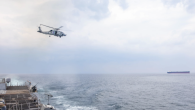 An MH-60R Sea Hawk helicopter launches from the guided-missile destroyer USS Gravely while transiting the Strait of Hormuz on Jan. 18, 2024. The US military said it struck multiple Iranian military targets near the strategic waterway on June 27, 2026, following an alleged attack on a commercial tanker.
