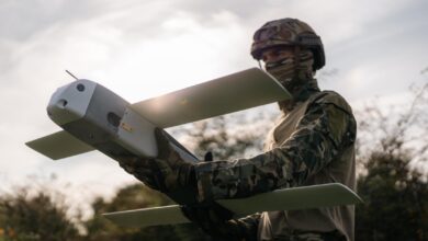 Soldier preparing a Toutatis loitering munition for launch. Photo: Thales