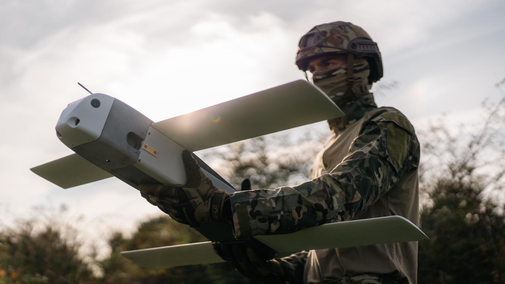 Soldier preparing a Toutatis loitering munition for launch. Photo: Thales