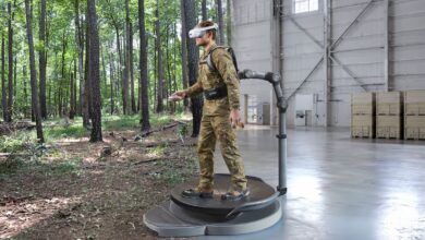 Virtuix’s Virtual Terrain Walk platform allows warfighters to physically navigate AI-generated representations of real-world terrain during mission rehearsal and training. Image: Virtuix