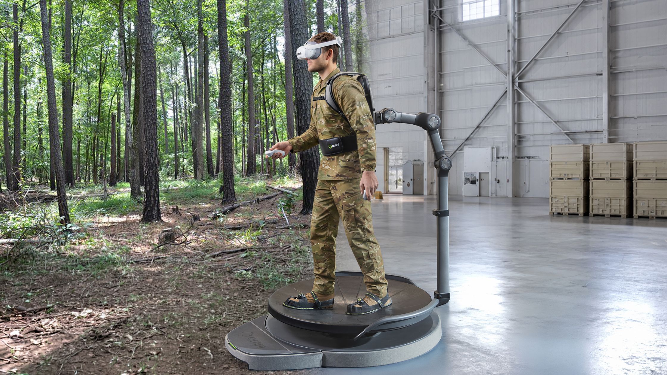 Virtuix’s Virtual Terrain Walk platform allows warfighters to physically navigate AI-generated representations of real-world terrain during mission rehearsal and training. Image: Virtuix