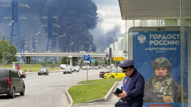 Smoke rising from an oil refinery in Moscow.