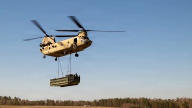 A US Army CH-47F Chinook transports bridging equipment during a sling load operation in Germany. Photo: Staff Sgt. Jamie Robinson/DVIDS