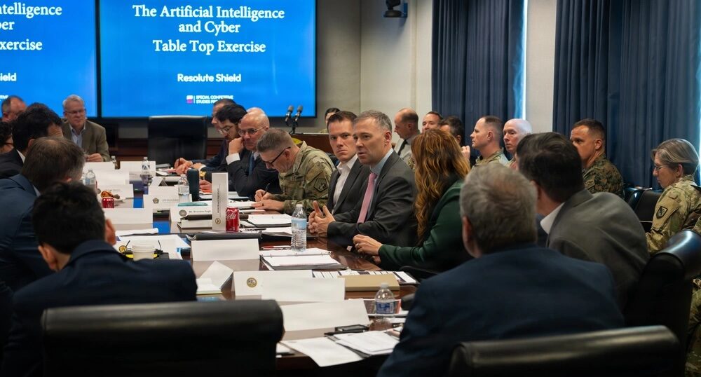 Army officials and industry representatives participate in the Artificial Intelligence Table Top Exercise (AI TTX) 2.0 at the Pentagon in April 2026. Photo: Cpl. Giselle Gonzalez/DVIDS