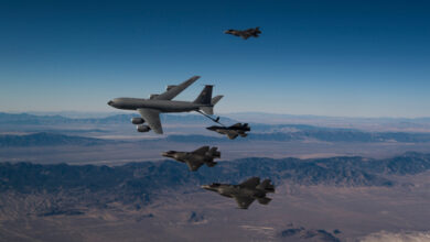 A US Air Force KC-135 Stratotanker refuels F-35 Lightning II fighters during a large-force exercise in support of AI-enabled mission systems. Photo: US Air Force
