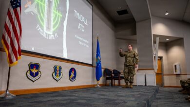 A US Air Force airman presents an AI-generated training tool during the Artificial Intelligence and Automation Showcase at Tyndall Air Force Base, Florida, on June 17, 2026. Photo: Airman 1st Class Courtney McCants/US Air Force