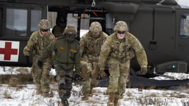 U.S. Army paratroopers assigned to the 1st Squadron, 40th Cavalry Regiment (Airborne), 4th Infantry Brigade Combat Team (Airborne), 25th Infantry Division, and an Indian Army soldier assigned to the 7th Battalion, the Madras Regiment, offload a patient while conducting medical evacuation training during exercise Yudh Abhyas 21 at Joint Base Elmendorf-Richardson, Alaska Oct. 19, 2021. The Alaska Army National Guard’s 2-211th General Support Aviation Battalion provided air support for the training. Yudh Abhyas 21 reinforces our commitment to the Indo-Pacific region and improves interoperability with our Indian Army partners-this is the 17th iteration of Exercise Yudh Abhyas since its inception in 2004. (U.S. Air Force photo by Alejandro Peña)