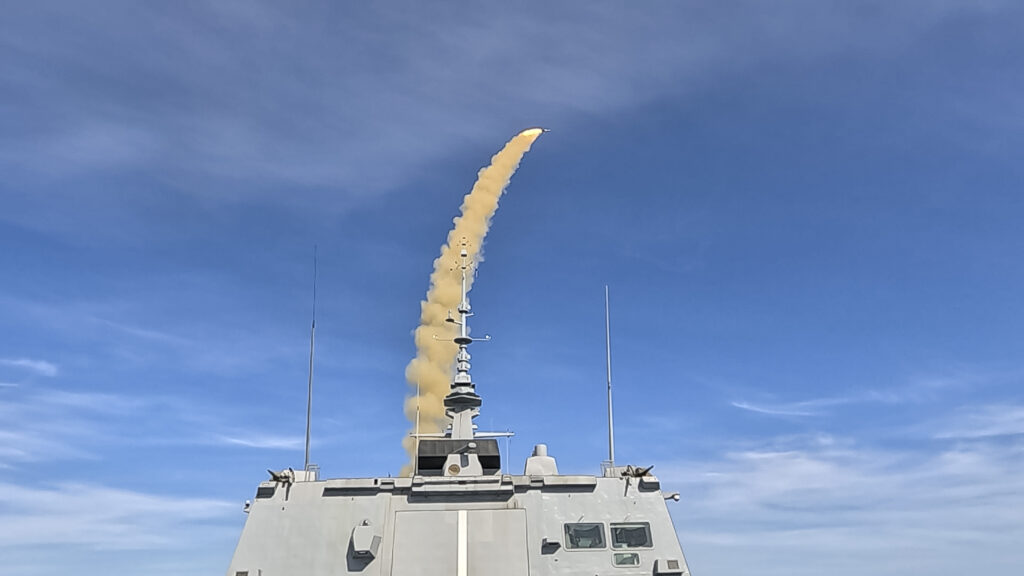 The French Navy Aquitaine-class frigate, Fremm Normandie (D651) fires an Aérospatiale Terminale (ASTER) 30 missile while conducting a live fire exercise during exercise At-Sea Demonstration (ASD) / Formidable Shield (FS) 2025