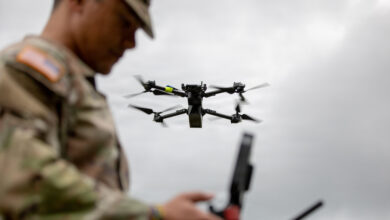 Tennessee Army National Guard Warrant Officer 1 Cedrick Pierson, a 948B Electronic Systems Maintenance Warrant Officer assigned to the 777th Maintenance Company, pilots a Skydio RQ-28A drone during a Small Unmanned Aircraft Systems (SUAS) Master Trainer Course in Tullahoma, Tennessee, June 23, 2026. Pierson attended the course to better understand how unmanned aircraft systems can support future sustainment operations and maintenance formations. Among the first courses of its kind in the Army National Guard, the SUAS Master Trainer Course prepares Soldiers to employ drone capabilities in support of reconnaissance, terrain analysis, and mission planning. (U.S. Army National Guard photo by 1st Lt. Bailey Breving)