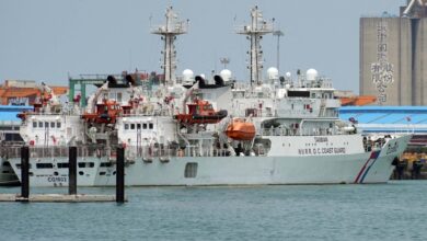 A Taiwan Coast Guard patrol vessel is anchored at Taichung Port in Taiwan.