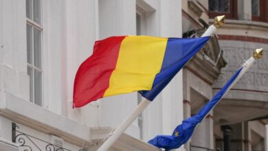 The Romania flag is seen in Birmingham, on October 18, 2025.