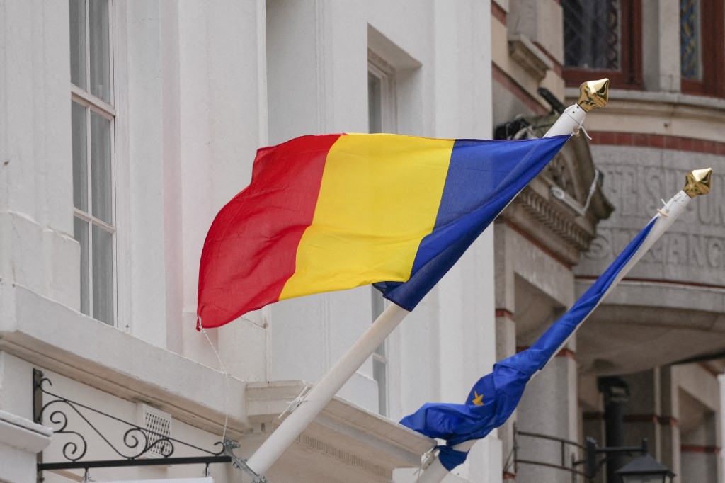 The Romania flag is seen in Birmingham, on October 18, 2025.