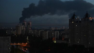 Black smoke rises over the city following a large-scale military operation in Kyiv, Ukraine, on July 2, 2026