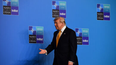 US President Donald Trump is welcomed during the annual NATO Summit at Presidential Complex in Ankara, Turkey on July 8, 2026. (Photo by Altan Gocher / Hans Lucas via AFP)