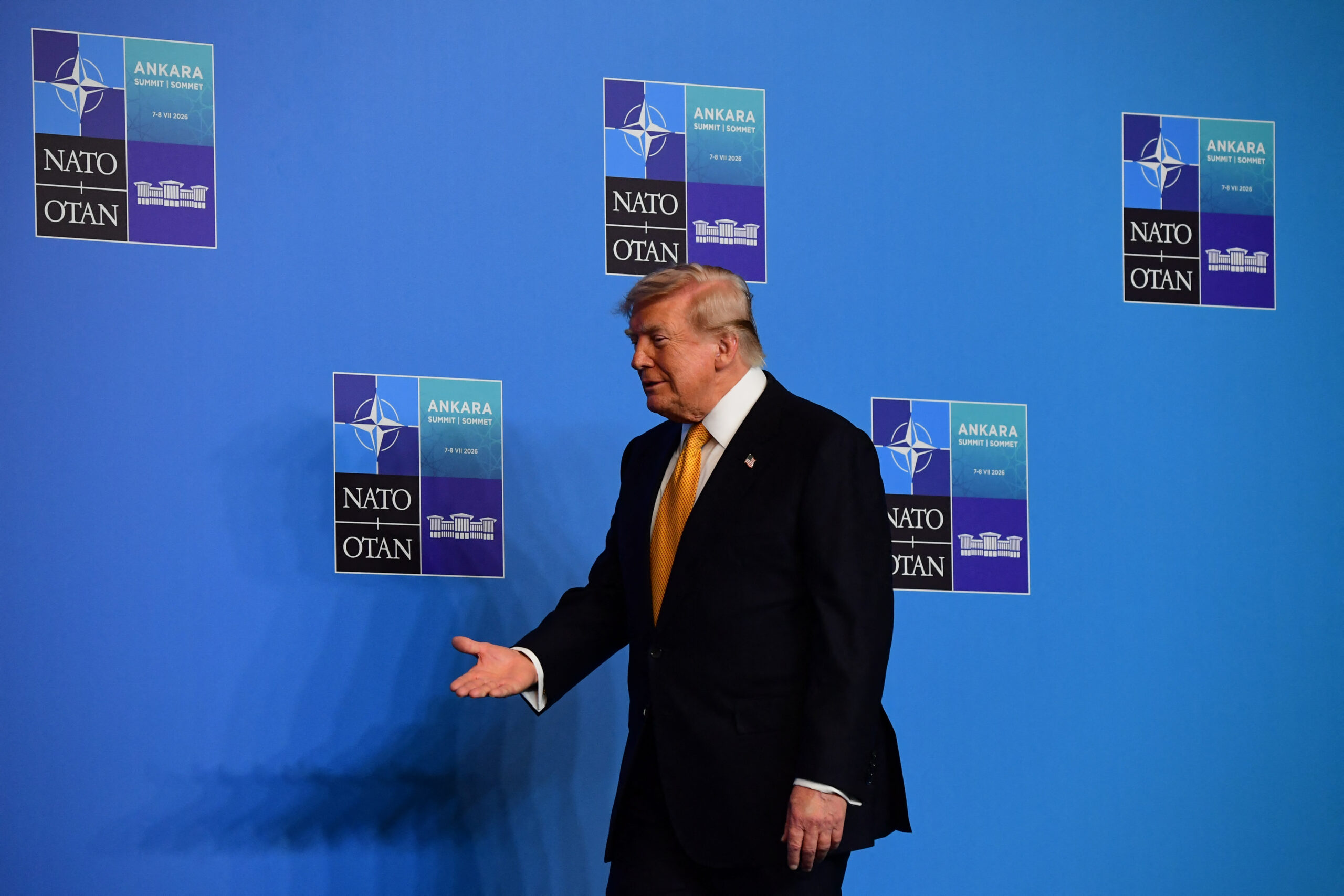 US President Donald Trump is welcomed during the annual NATO Summit at Presidential Complex in Ankara, Turkey on July 8, 2026. (Photo by Altan Gocher / Hans Lucas via AFP)
