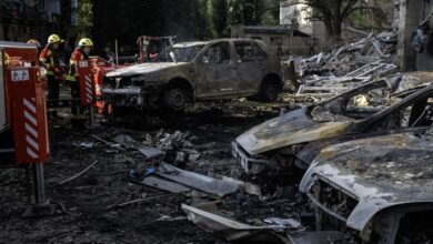Emergency services conduct rescue operations at the site of a Russian missile strike in Kyiv, Ukraine, on July 19, 2026.