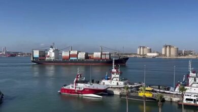 A container ship sails through Egypt's Damietta Port as normal operations continue after authorities said a fire at the facility was caused by a drone attack, the first such incident in the country since the outbreak of the Middle East war. Photo: Damietta Port Authority/AFP