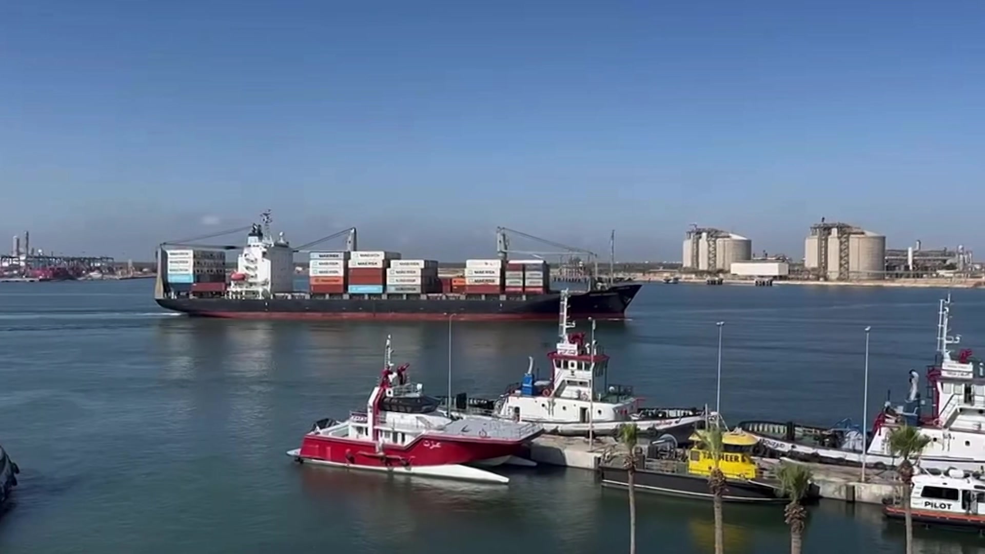 A container ship sails through Egypt's Damietta Port as normal operations continue after authorities said a fire at the facility was caused by a drone attack, the first such incident in the country since the outbreak of the Middle East war. Photo: Damietta Port Authority/AFP