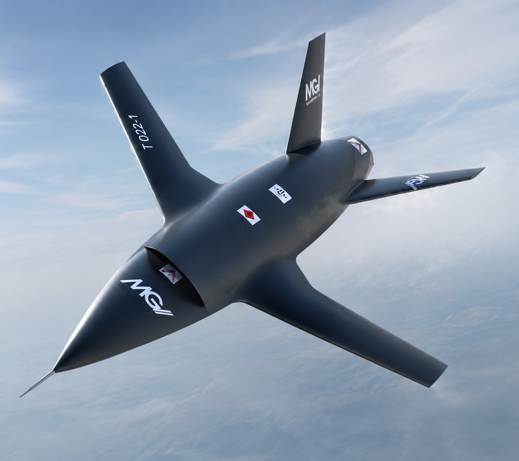 The MGI Engineering T-022 Vortex autonomous collaborative combat aircraft flying against a high-altitude blue sky, designed for UK manned-unmanned teaming operations.