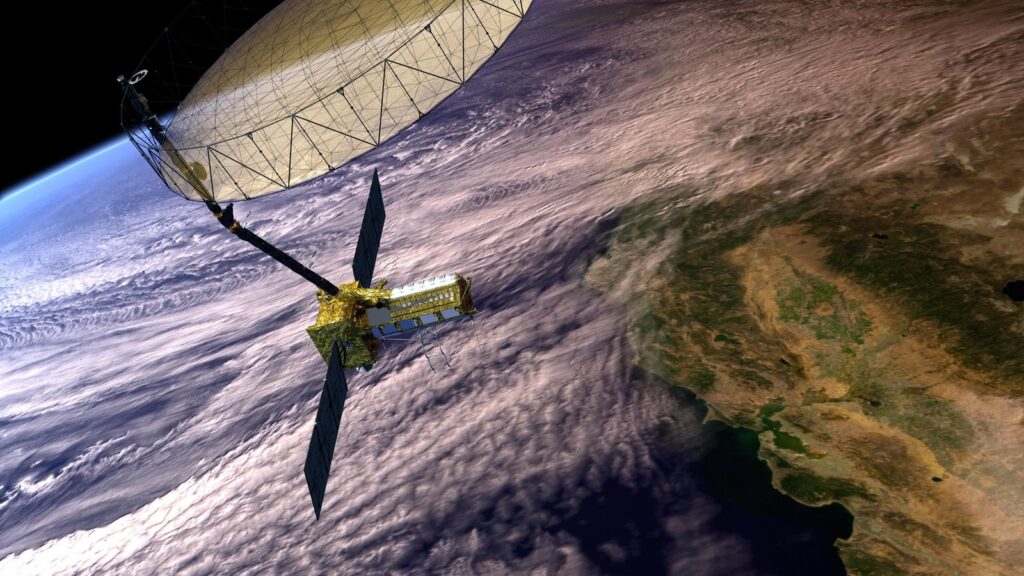 Artist's concept of NASA and ISRO's NISAR Earth observation satellite in orbit. Synthetic aperture radar technology has applications in both civilian monitoring and military surveillance. Image: NASA