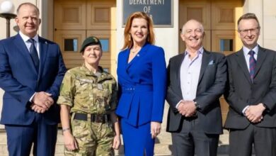 Five Eyes representatives pose following a commitment to Project Arcadia. From left: Ross Ermel (Canada), Brigadier Esther Harrop (New Zealand), Kirsten Davies (United States), Charles Forte (United Kingdom), and Chris Crozier (Australia). Photo: US Department of Defense/LinkedIn