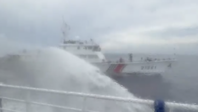 Screenshot from video showing a China Coast Guard vessel firing a water cannon at a Philippine Coast Guard vessel during a resupply mission near Bajo de Masinloc on July 24, 2026.