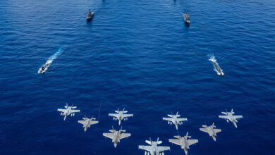 US Navy aircraft, attached to Carrier Air Wing 5, and US Air Force F-35A Lightning IIs fly over US Navy George Washington Carrier Strike Group as it sails in formation with Japan Maritime Self- Defense Force as part of Valiant Shield 2026 on June 21, 2026.